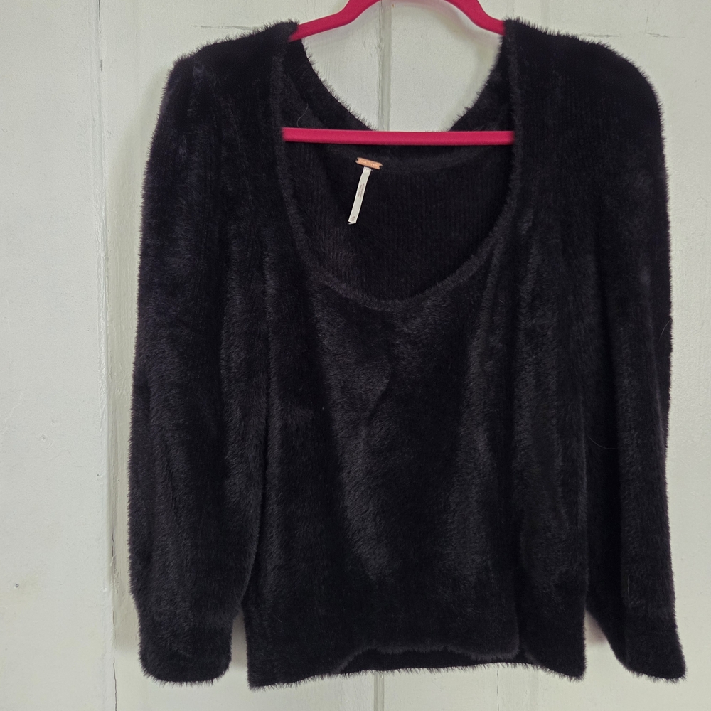 Free People Fuzzy Black Scoop Neck Sweater
